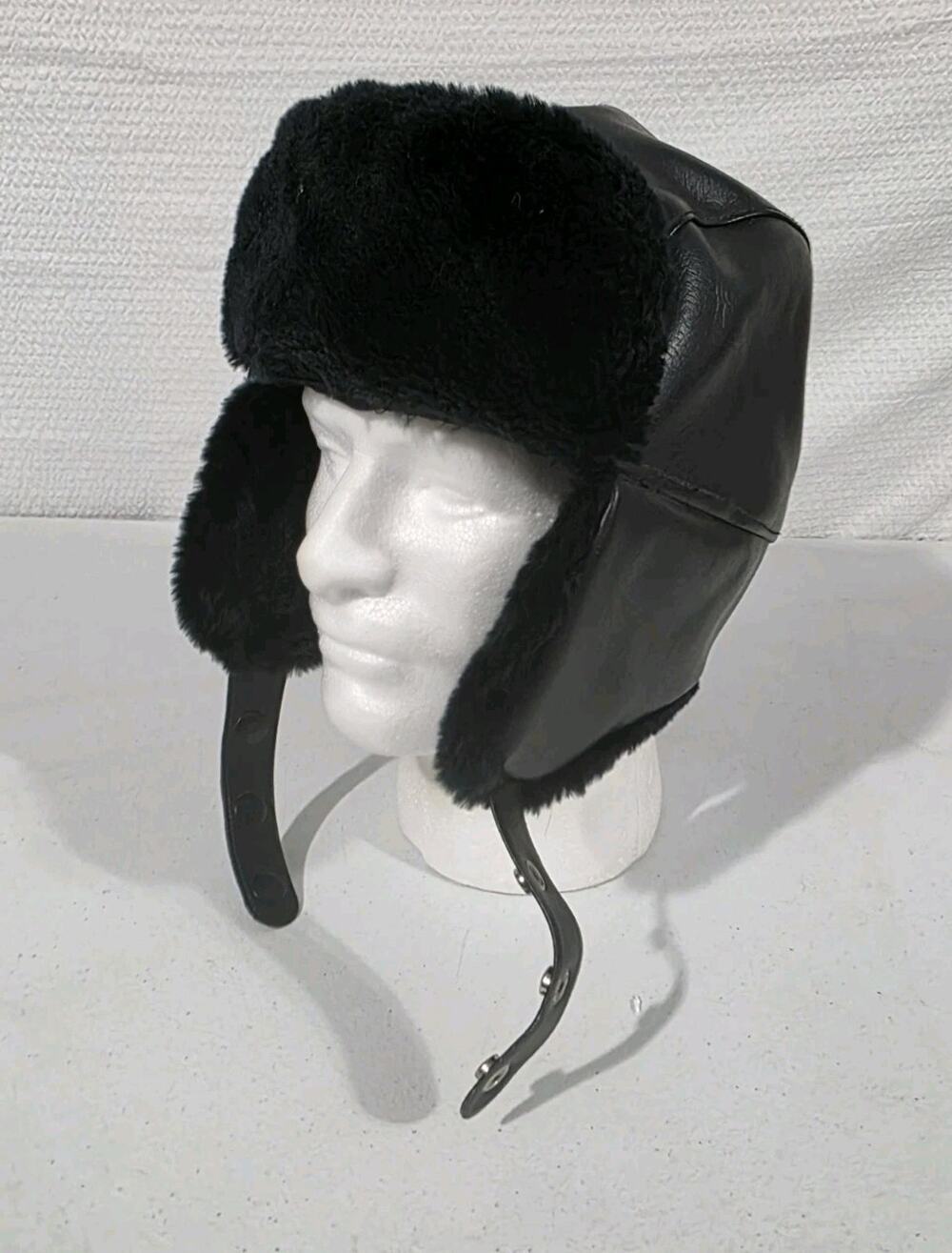 Brower Faux Fur Trapper Ushanka Hat Black Ear Flap Snap Chin Strap Winter